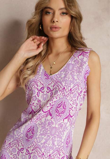 Fioletowa Pudełkowa Sukienka Mini w Kwiaty z Falbankami i Dodatkowym Paskiem Jozelin