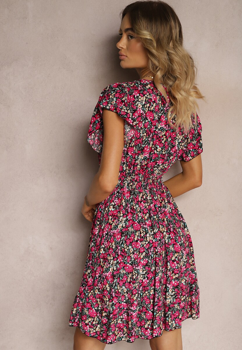 Czarno-Różowa Sukienka z Bawełny w Drobne Kwiaty z Kopertowym Dekoltem i Gumką w Talii Calnea
