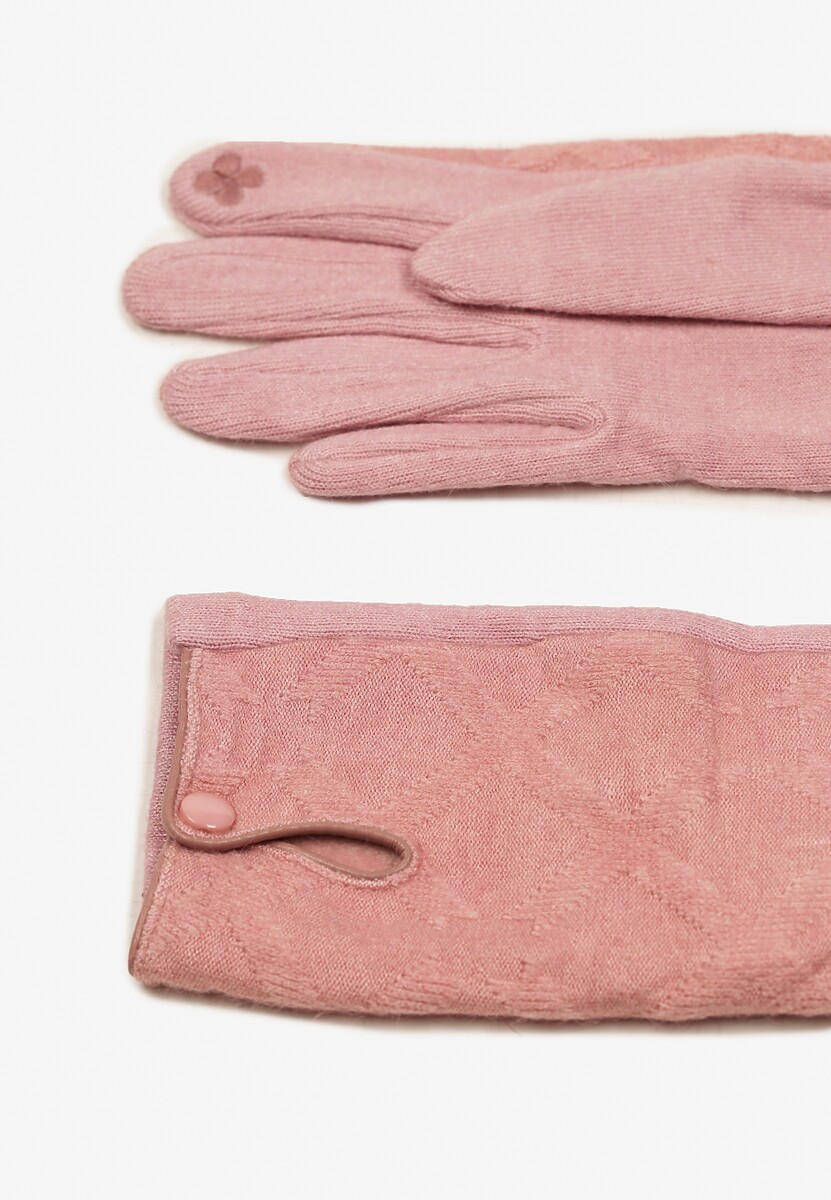 Różowe Rękawiczki z Bawełną Ozdobione Rombami i Guzikiem Fenemi