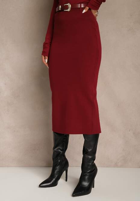 Bordowa Spódnica o Ołówkowym Kroju z Wiskozą z Paskiem i Rozcięciem Saweda