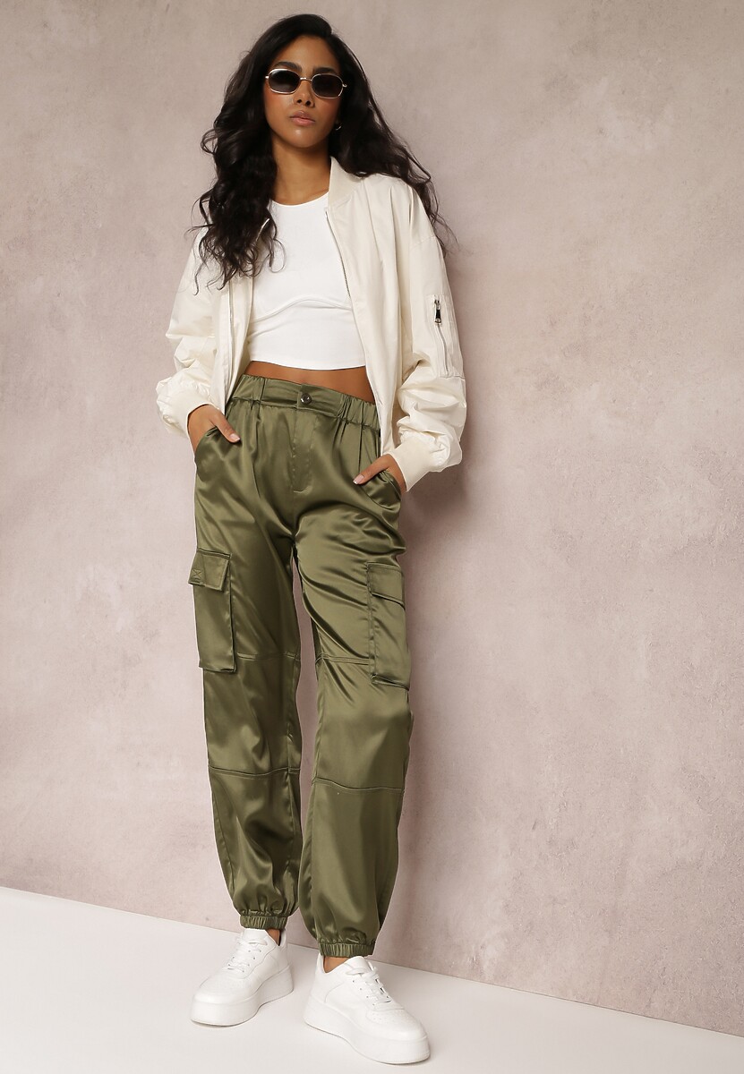 Ciemnobeżowe Spodnie Joggery z Kieszeniami Cargo na Rzep Jeandal