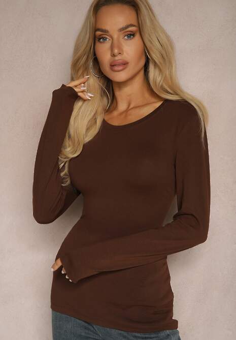 Brązowa Bawełniana Bluzka Typu Longsleeve z Okrągłym Dekoltem Tiathaliea
