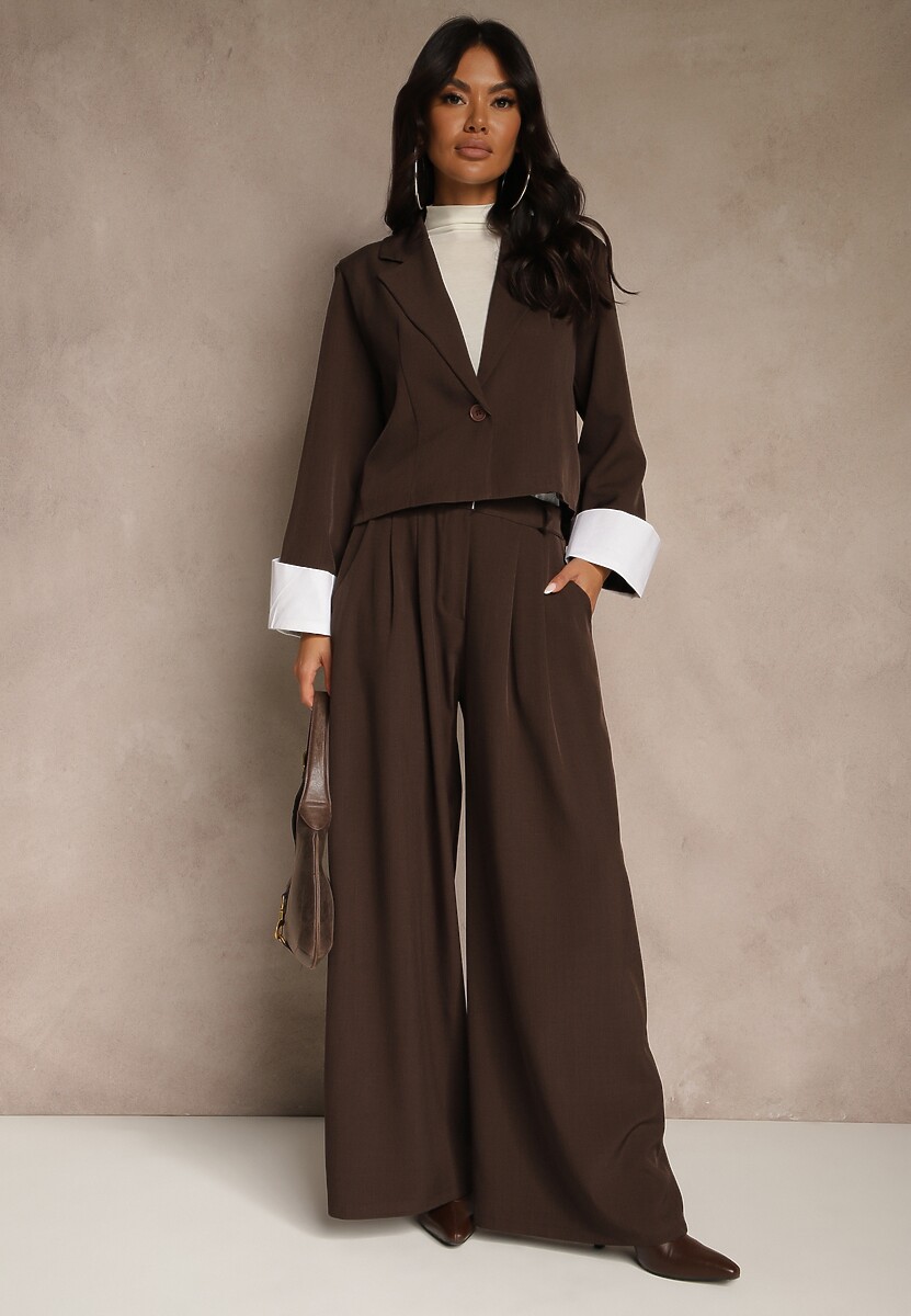 Ciemnobrązowy Garniturowy Komplet Marynarka i Spodnie z Kontrastującymi Zdobieniami Davirielle
