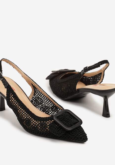 Czarne Sandały na Kaczuszce Typu Slingback z Klamrą Talimea