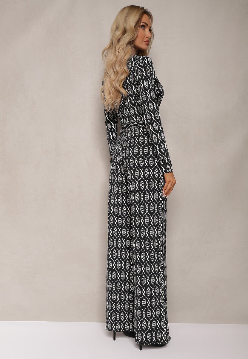 Czarny Taliowany Kombinezon z Szerokimi Nogawkami i Wiązanym Paskiem Acaelia