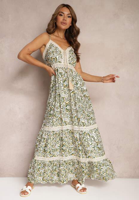 Zielono-Beżowa Bawełniana Sukienka na Ramiączkach Ozdobiona Haftem z Gumką w Talii Nretta