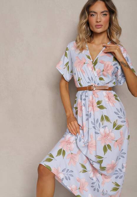Jasnoniebieska Taliowana Sukienka w Kwiaty z Dodatkiem Bawełny z Kopertowym Dekoltem Navianes