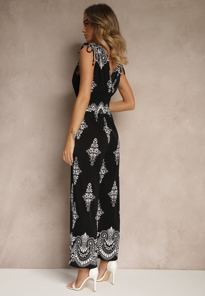 Czarny Kombinezon z Dekoltem w Kształcie Litery V Zdobiony Etnicznym Printem Izlina