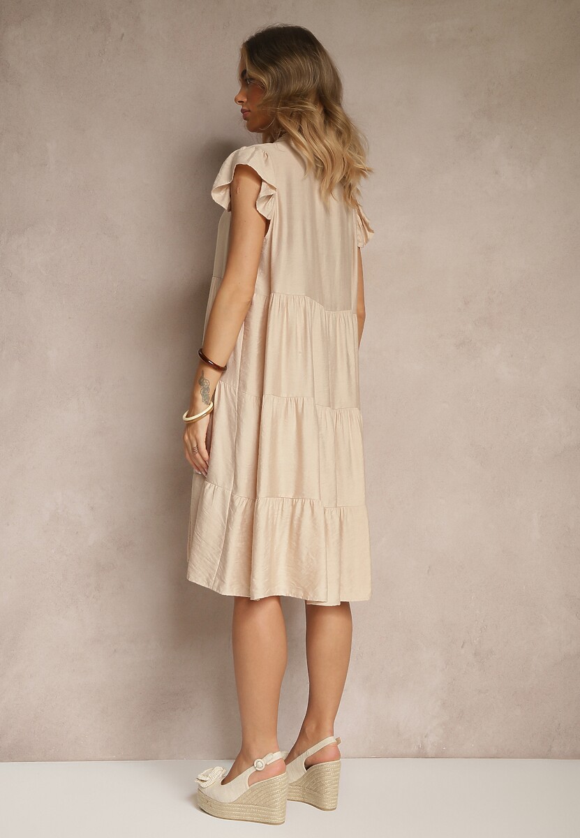 Beżowa Rozkloszowana Sukienka z Dekoltem w Kształcie Litery V Mevamara