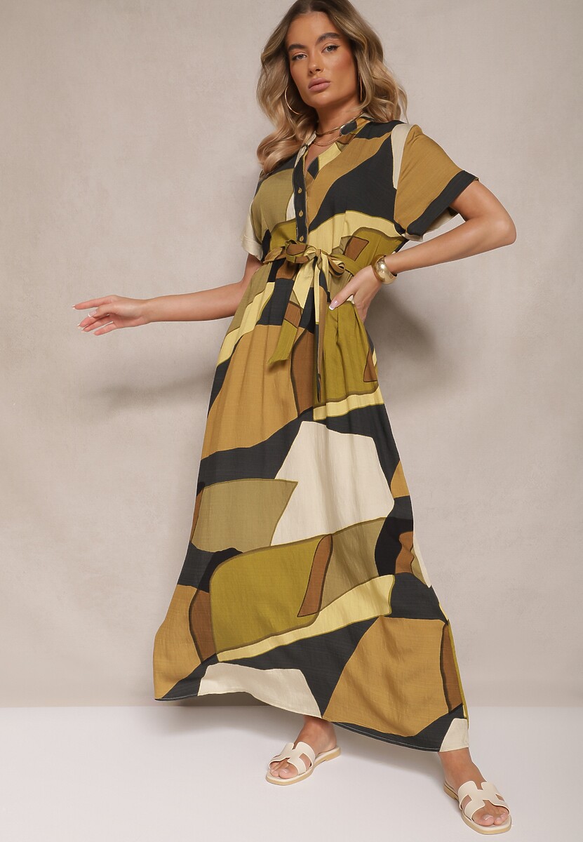 Zielona Wiskozowa Sukienka Koszulowa z Paskiem w Geometryczny Print Falintia