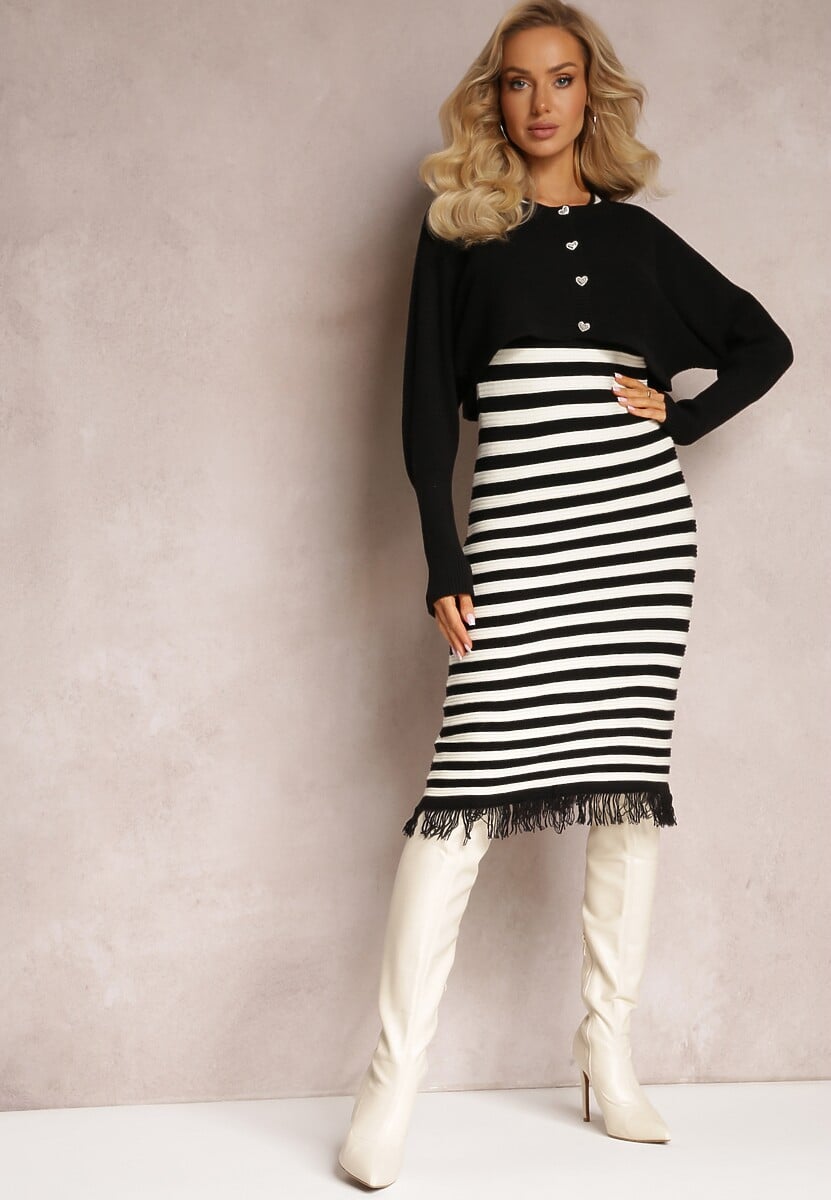 Czarny Komplet 2-Częściowy Sukienka w Paski i Kardigan Krótki na Guziki Orivela