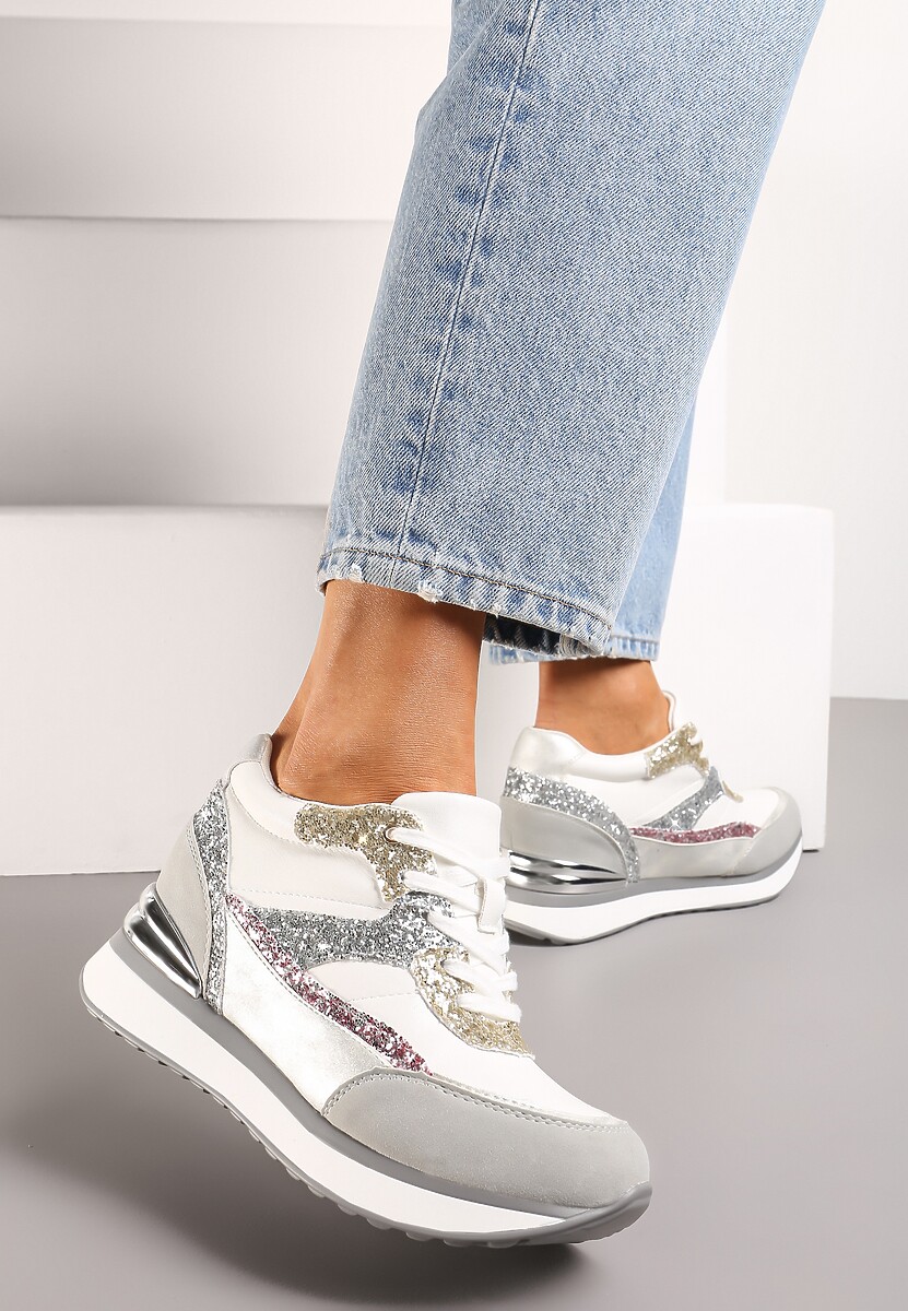Szaro-Różowe Brokatowe Sneakersy na Ukrytym Koturnie Zophiela