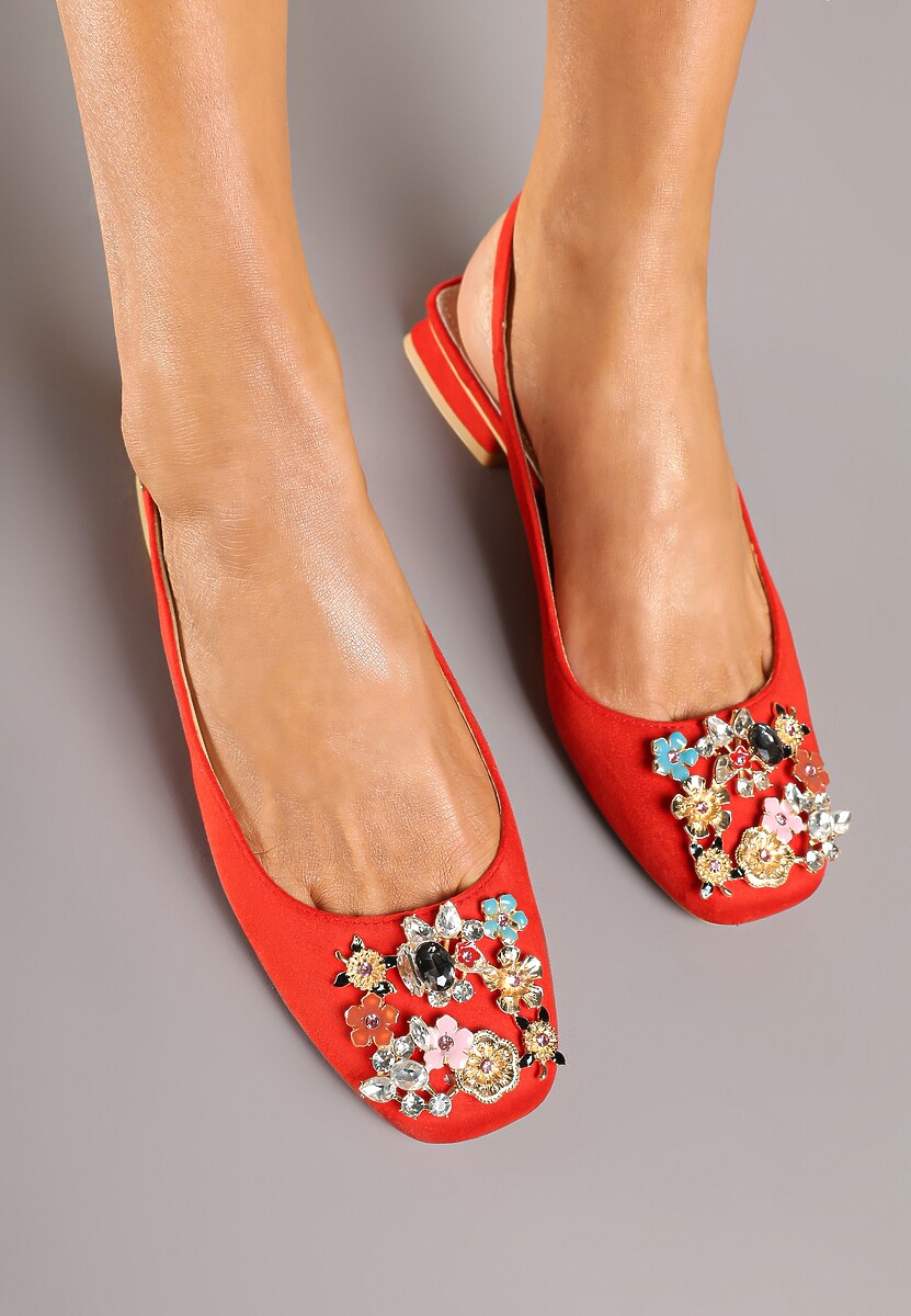 Czerwone Czółenka Slingnback Vices z Cyrkoniami i Wkładką ze Skóry Eklina