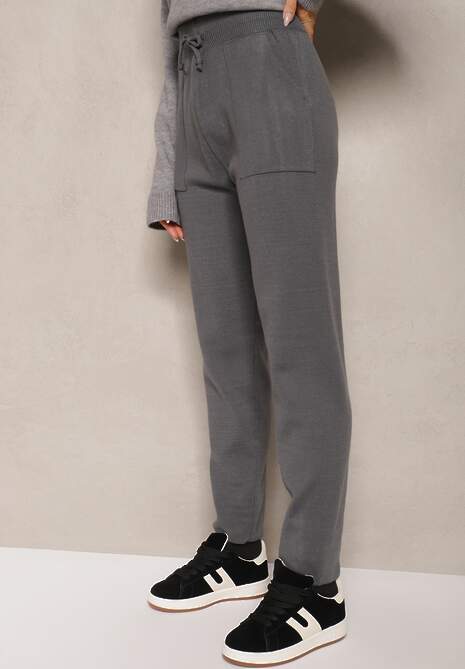 Ciemnoszare Spodnie z Bawełną High Waist Ozdobione Sznurkiem Venaline