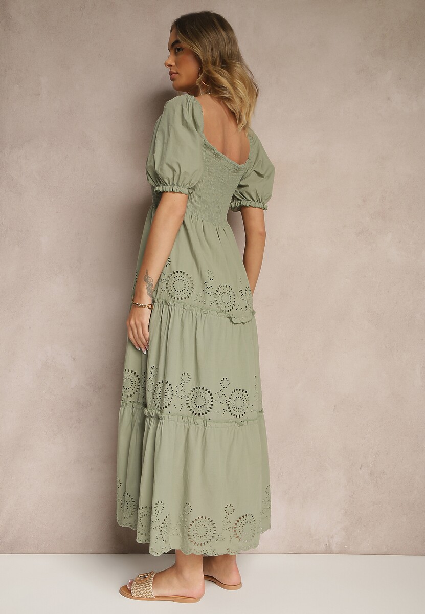 Zielona Sukienka z Bawełny Ozdobiona Haftem Iffirina