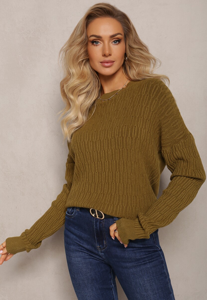 Ciemnozielony Sweter z Tłoczeniami o Klasycznym Fasonie Sigune