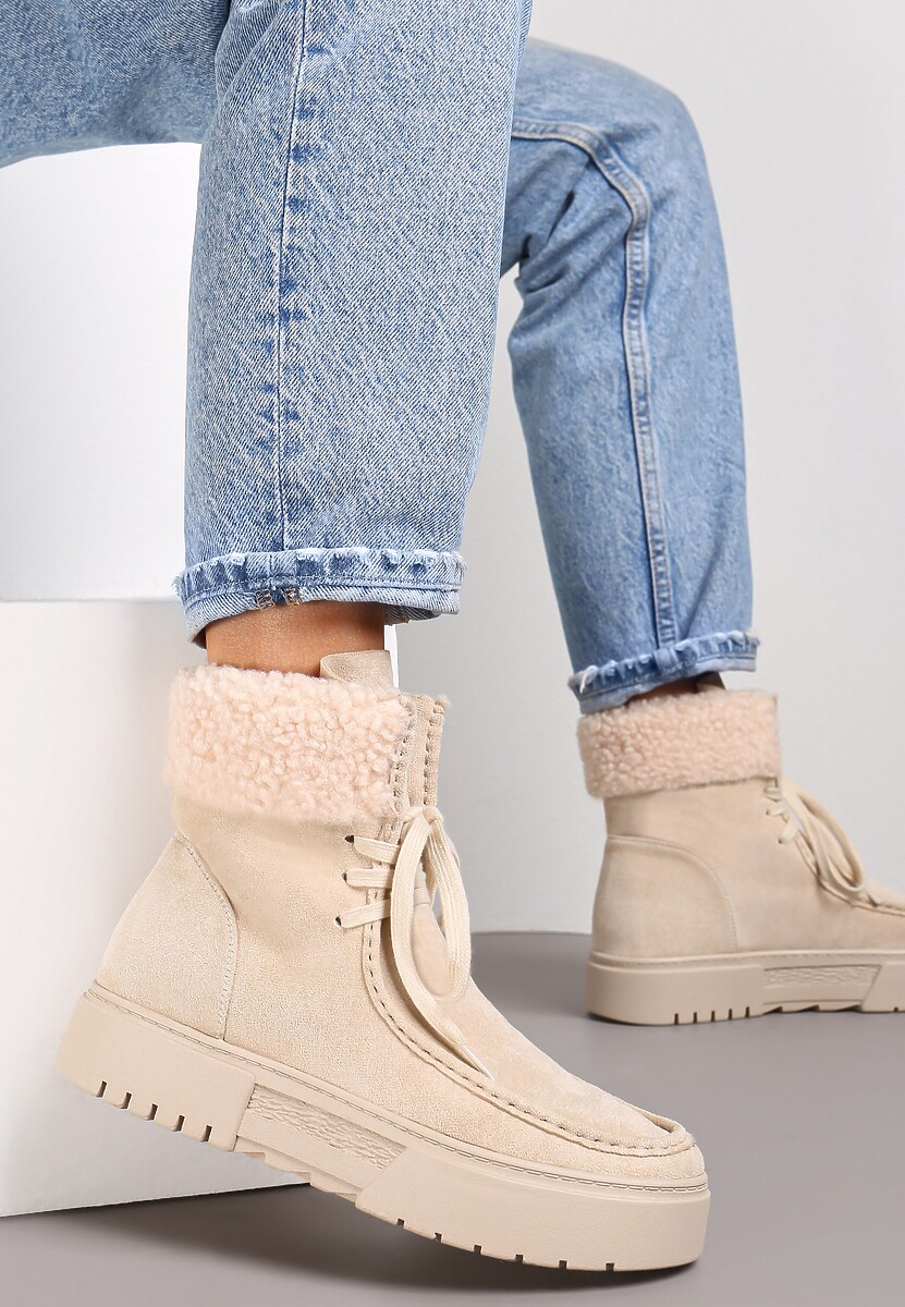 Beżowe Śniegowce na Platformie z Futerkiem Cloima