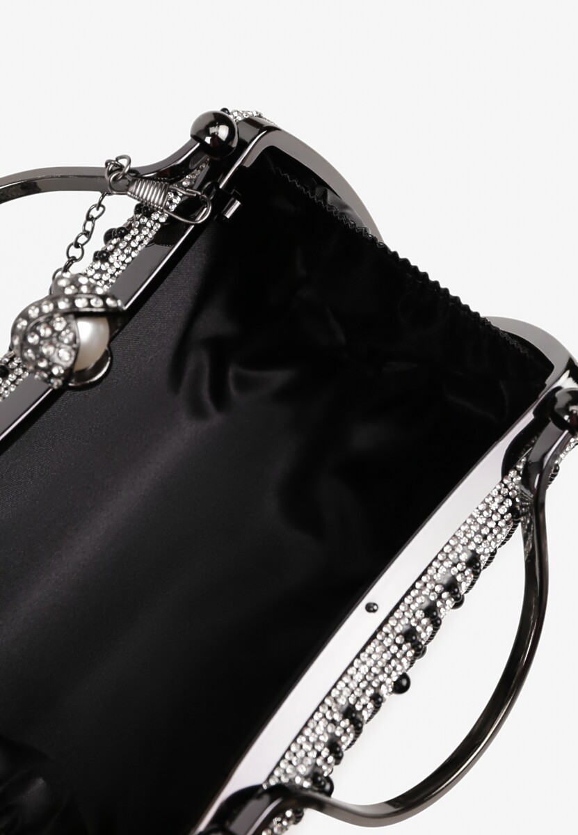 Czarna Torebka Kopertówka z Cyrkoniami i Perełkami Fesinra