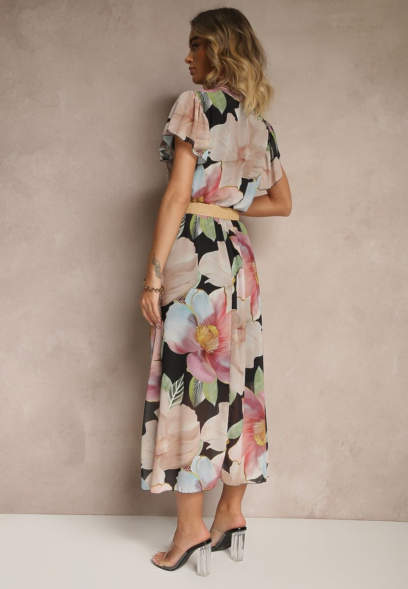 Czarna Rozkloszowana Sukienka Zdobiona Wiązaniem i Paskiem z Klamrą Sorisse