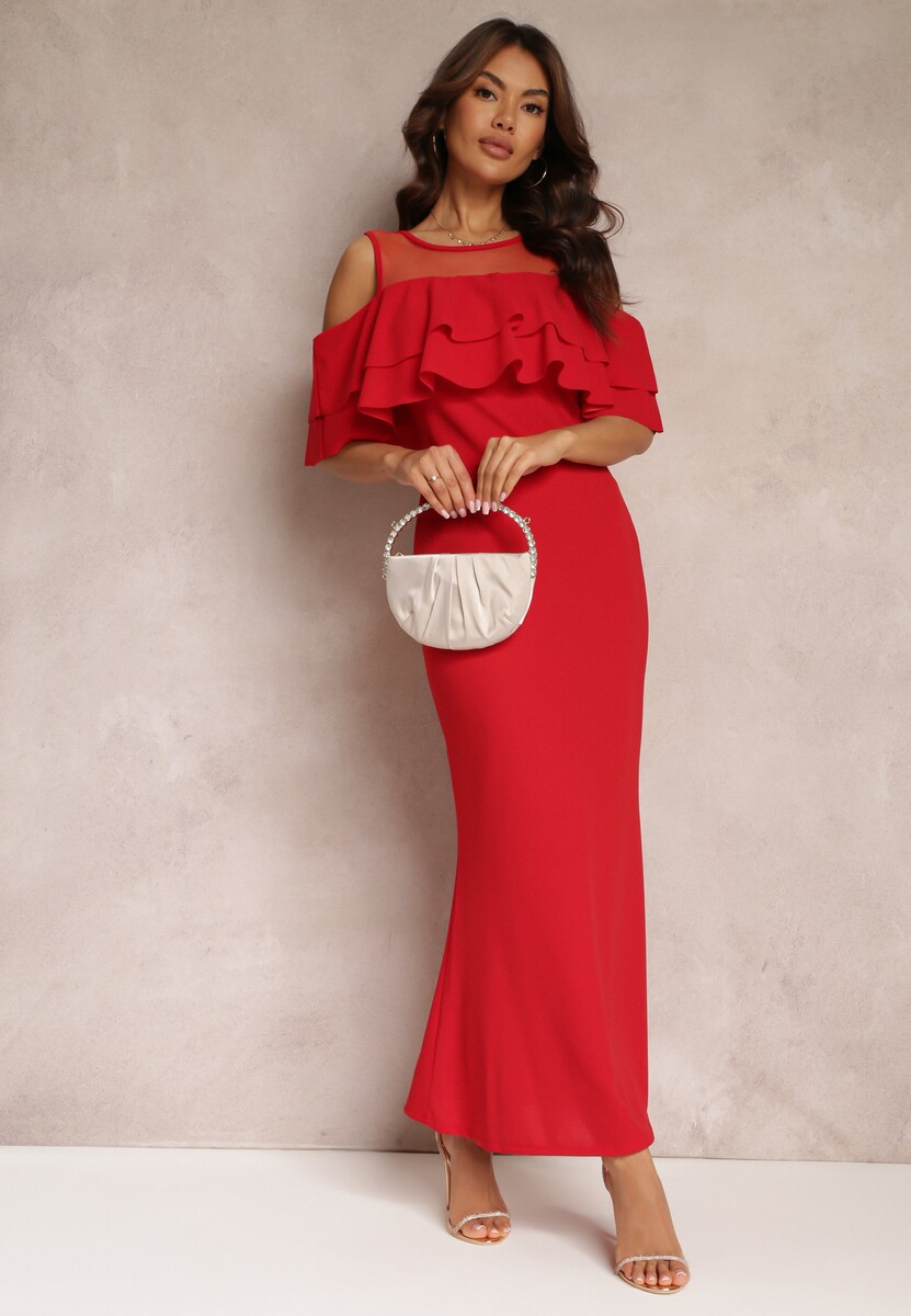 Czerwona Sukienka Taliowana z Falbanką Lariphelia