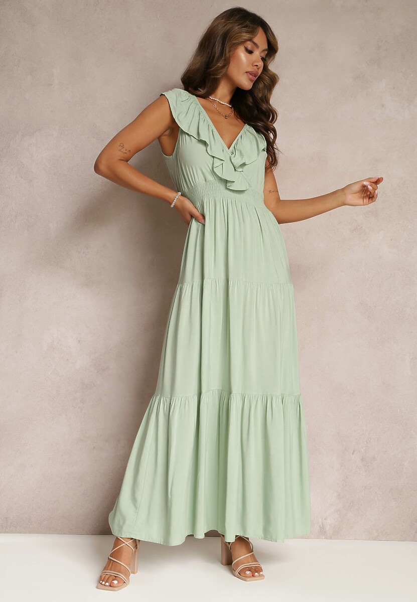 Miętowa Rozkloszowana Sukienka Maxi z Gumką w Talii i Falbanką Laylani