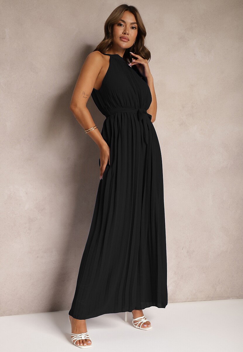 Czarny Kombinezon z Dekoltem Typu Halter i Gumką w Talii Zolefia