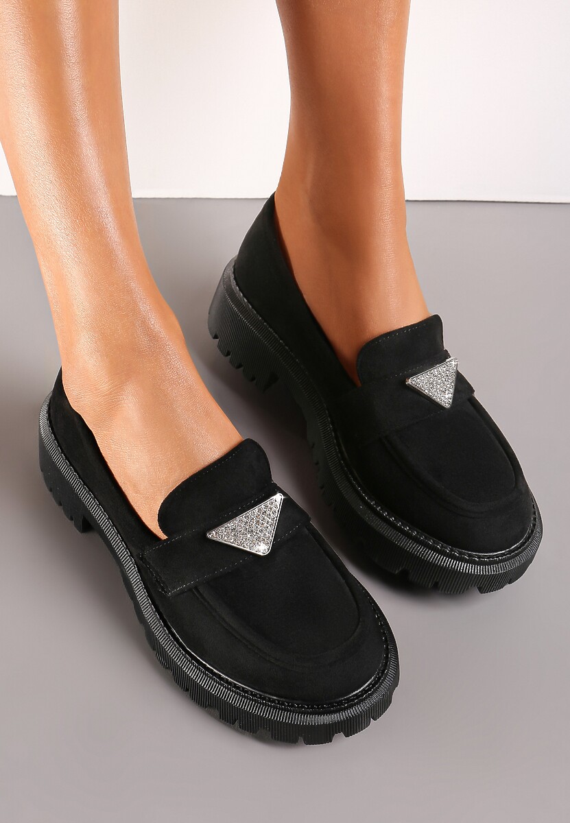 Czarne Mokasyny na Grubej Podeszwie Ozdobione Cyrkoniami Movail