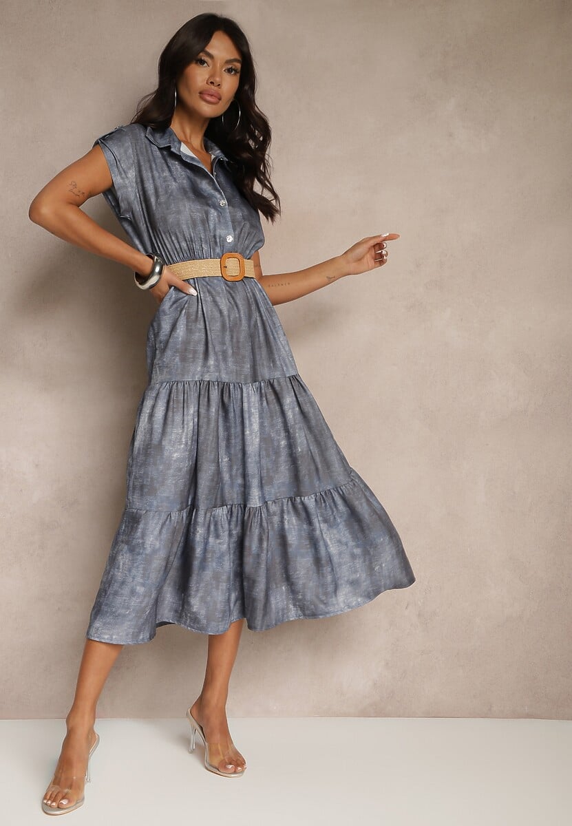 Jasnobeżowa Sukienka z Guzikami i Paskiem z Plecionki Fillona