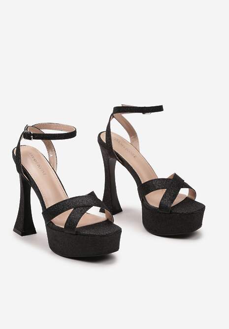 Czarne Brokatowe Sandały na Klepsydrowej Szpilce i Wysokiej Platformie Zarissa