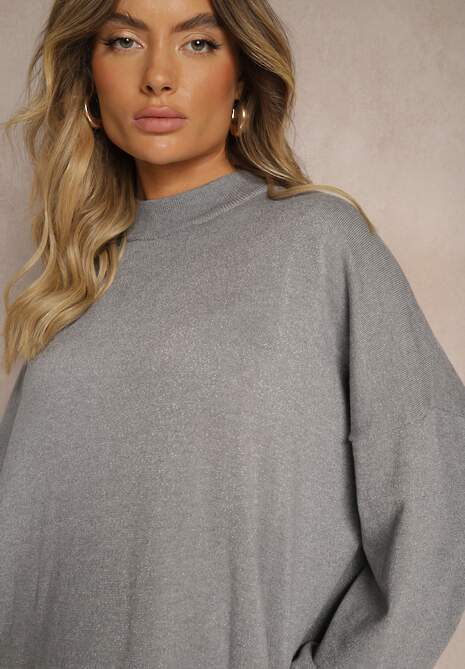 Szara Sukienka z Dodatkiem Wiskozy o Pudełkowym Kroju z Metaliczną Nicią Arkiria