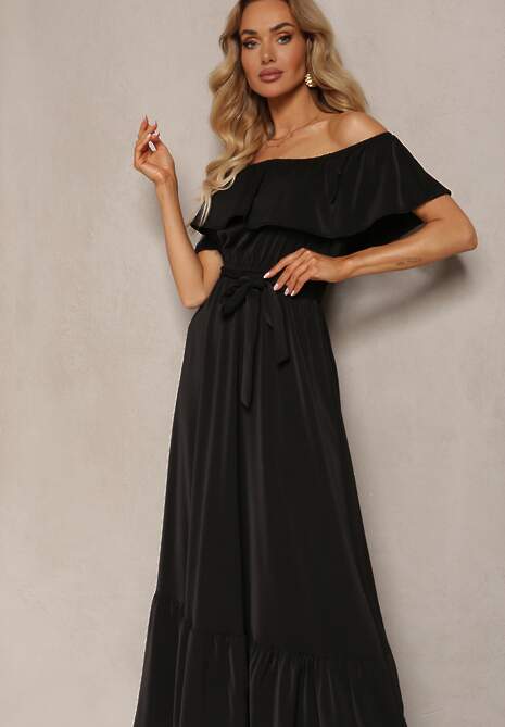 Czarna Hiszapanka Sukienka o Rozkloszowanym Fasonie z Falbanką Naviara