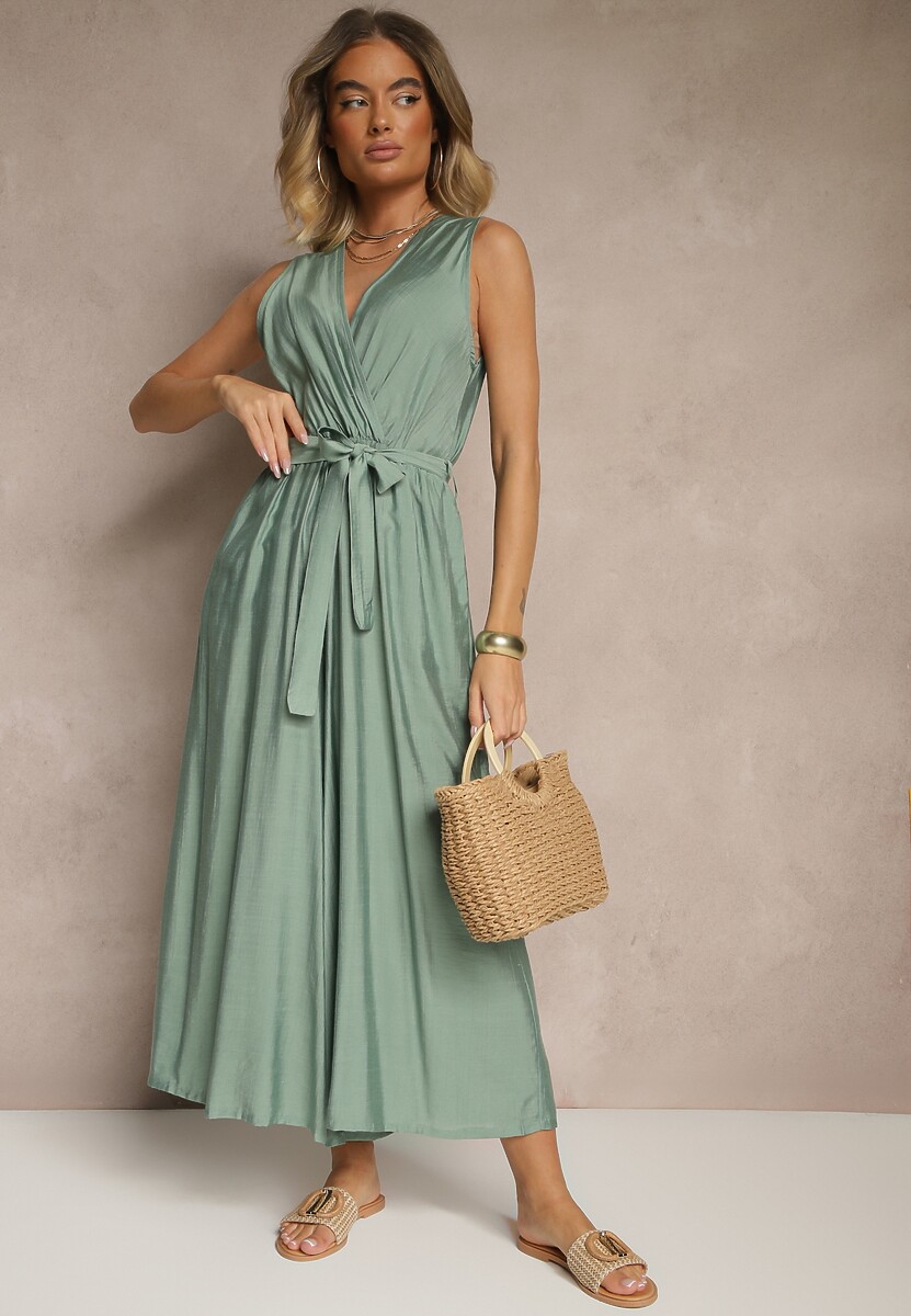 Zielony Kombinezon Taliowany z Wiskozą Ozdobiony Paskiem Evintria