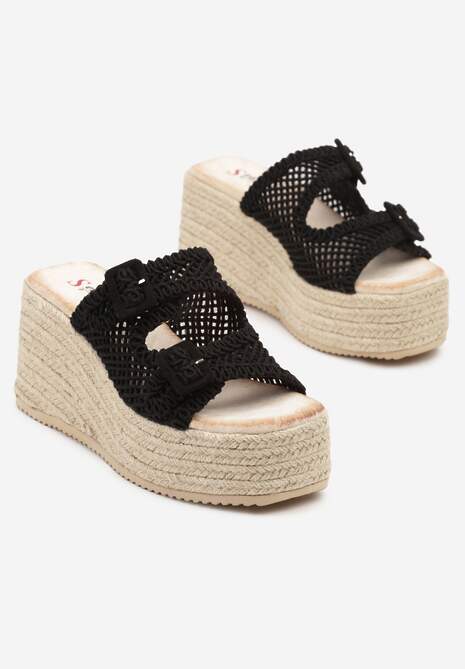 Czarne Ażurowe Klapki na Koturnie z Klamrami Viandiss