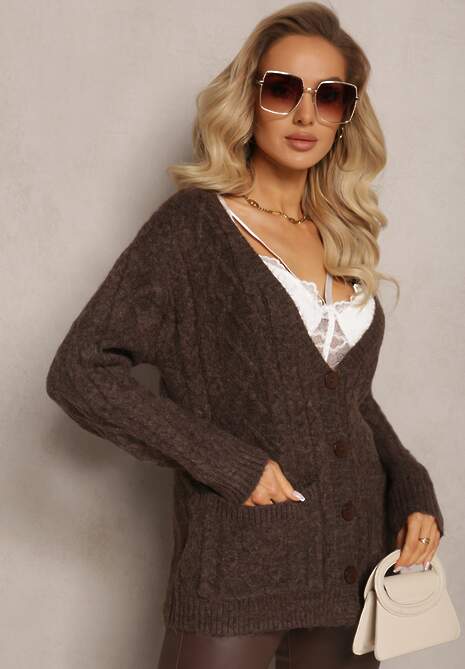 Brązowy Zapinany Kardigan z Trójkątnym Dekoltem i Warkoczykowy Splot Juessa