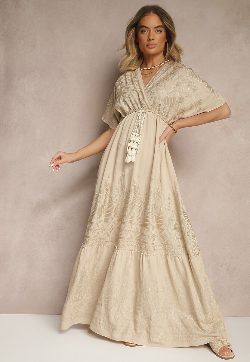 Beżowa Wiskozowa Sukienka Kopertowym Dekoltem i Frędzlami Redevie