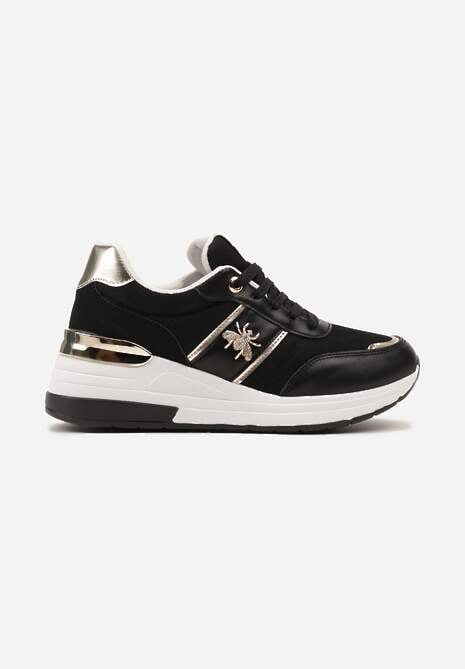 Czarne Sneakersy za Kostkę z Imitacji Skóry na Koturnie z Aplikacją i Sznurowaniem Faelena