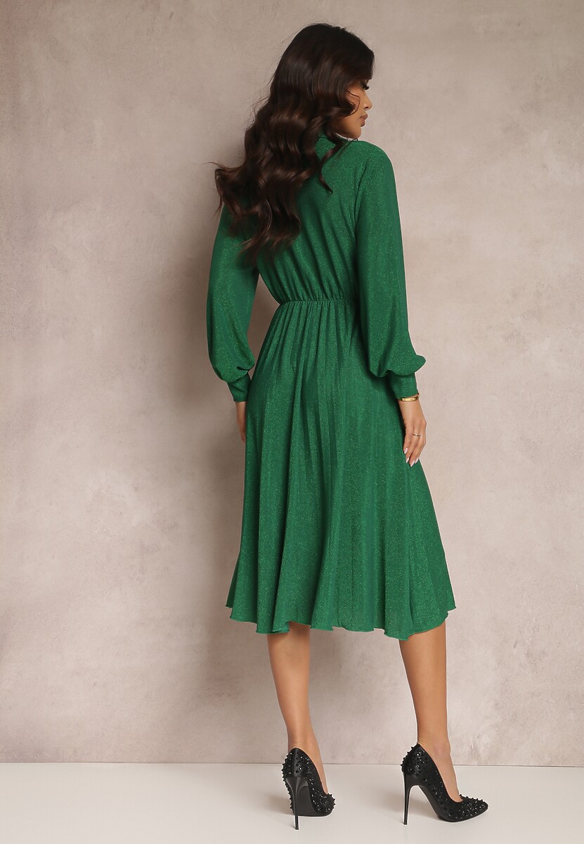 Zielona Sukienka z Kołnierzykiem i Plisowanym Dołem Zade