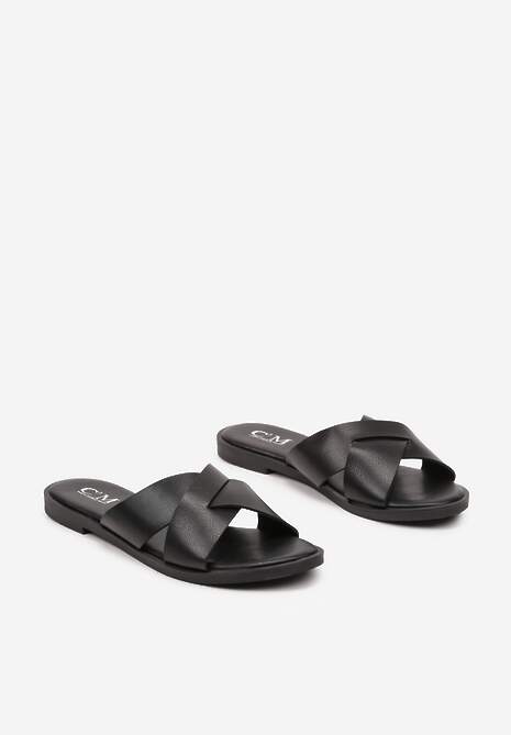 Czarne Klapki na Płaskiej Podeszwie z Szerokimi Paskami Fonnara