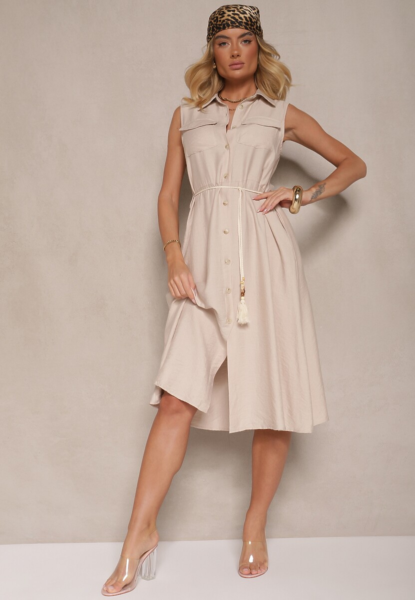 Czarna Sukienka z Wiskozy o Koszulowym Kroju z Ozdobnym Sznurkiem z Frędzlami Lavbia