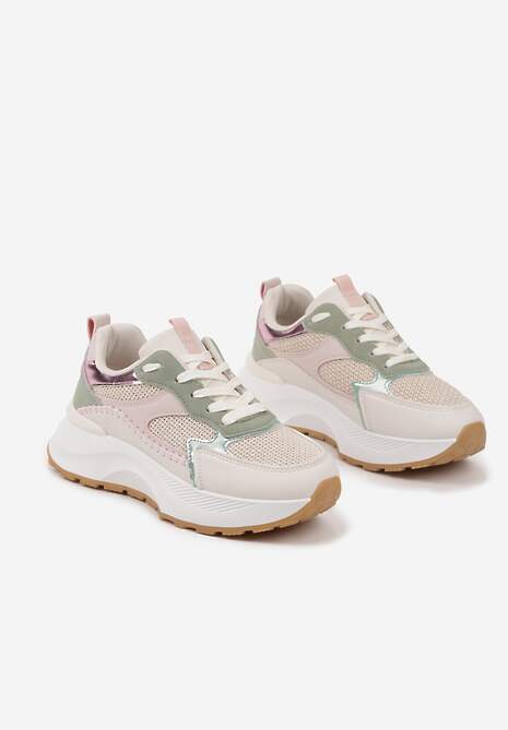 Beżowo-Zielone Sneakersy Ozdobione Metalicznym Zdobieniem Worsemi