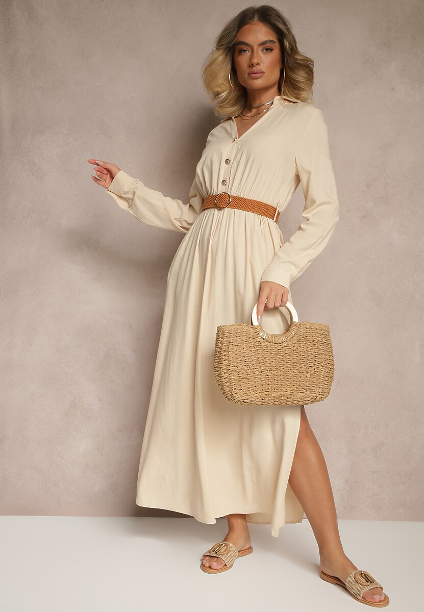 Beżowa Wiskozowa Sukienka o Rozkloszowanym Kroju z Paskiem i Rozcięciem Reirissa