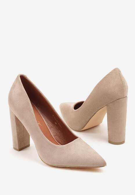 Ciemnobeżowe Klasyczne Czółenka Vices na Słupkowym Obcasie ze Skórzaną Wkładką Divira