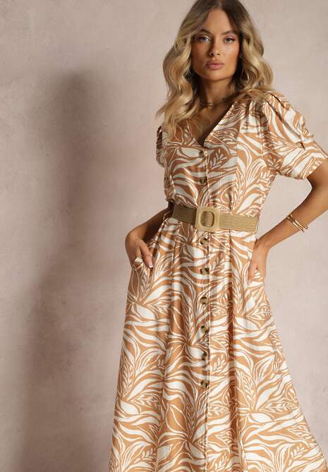 Beżowa Koszulowa Sukienka z Bufiastymi Rękawami i Plecionym Paskiem w Talii Aslatia