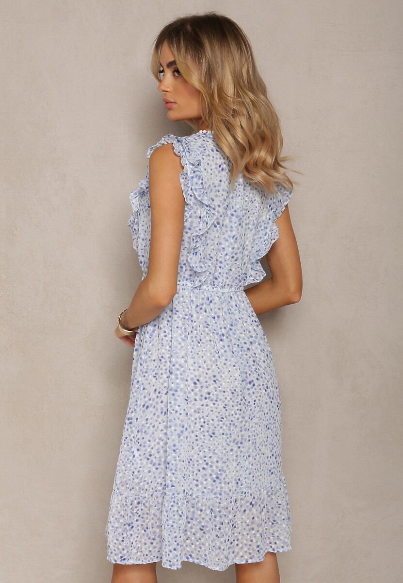 Niebieska Rozkloszowana Sukienka z Gumką w Pasie i Falbankami Ulaia
