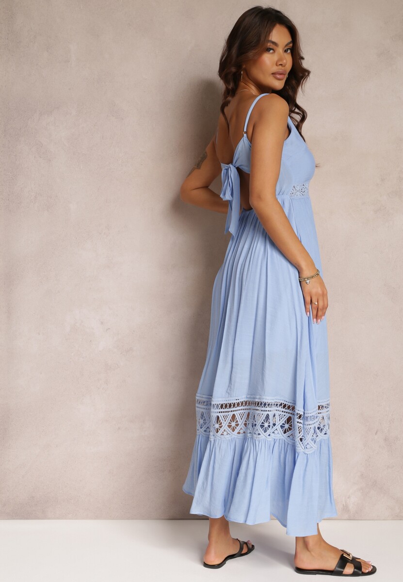 Niebieska Rozkloszowana Sukienka Maxi z Falbanką i Koronką Luluma