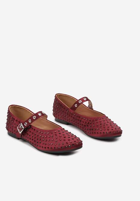 Bordowe Cyrkoniowe Balerinki w Stylu Mary Jane na Płaskiej Podeszwie z Ozdobnym Paskiem Armiola