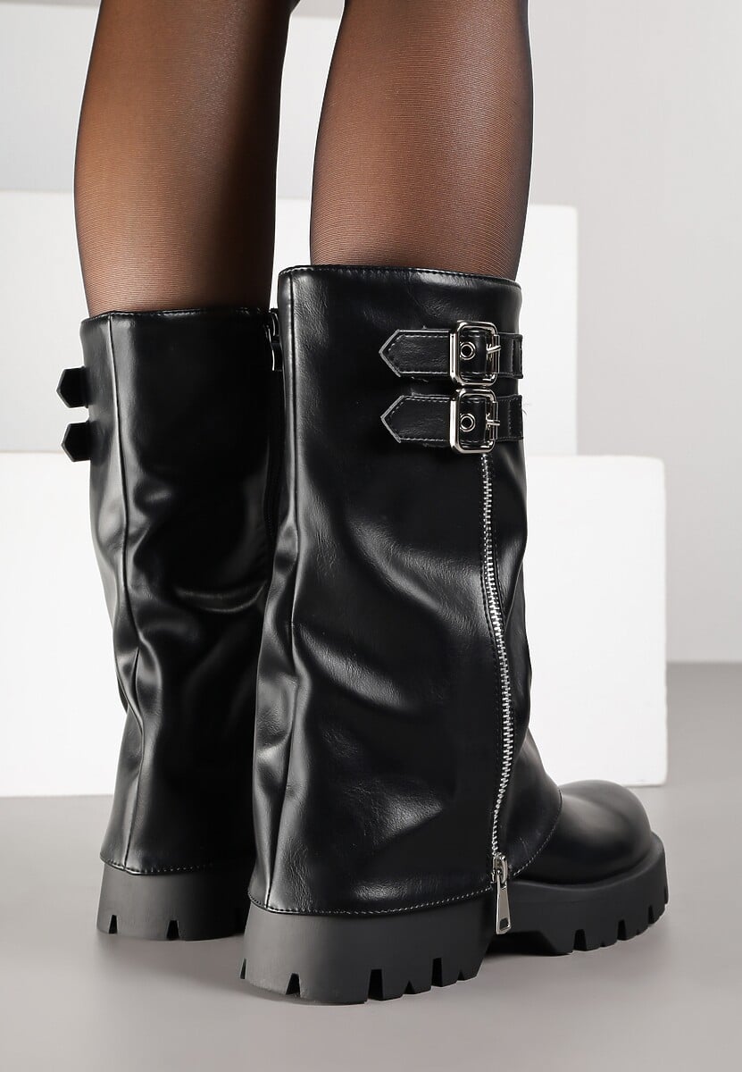 Czarne Botki Biker na Platformie z Wywiniętą Cholewką z Suwakiem i Klamerkami Selade
