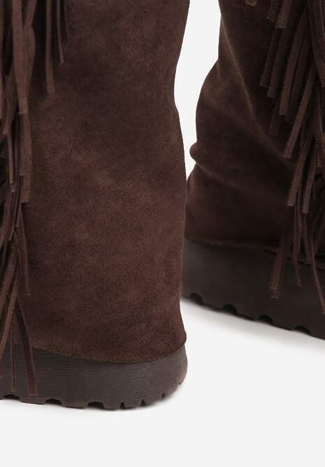 Brązowe Botki Śniegowce z Wywiniętą Cholewką Zdobioną Frędzlami Sewela