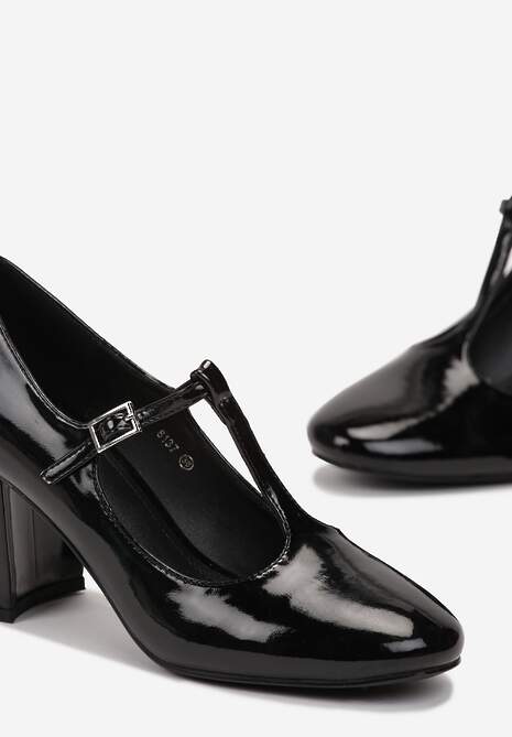 Czarne Lakierowane Czółenka na Słupku z Cienkimi Paskami Obafe