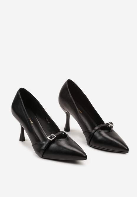 Czarne Eleganckie Czółenka Wykończone z Przodu Klamerką i Paskiem Elivaya